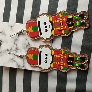 Acrylic Nut Cracker Christmas Earrings 1 x 2.5 inches Copper Glitter, white, red